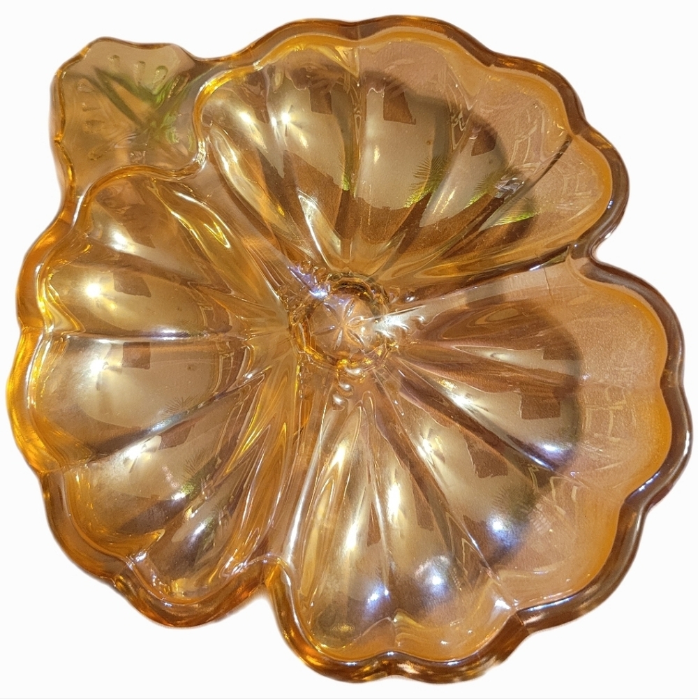 Vintage Iridescent Carnival Dish Orange Flower Divider MCM 60s